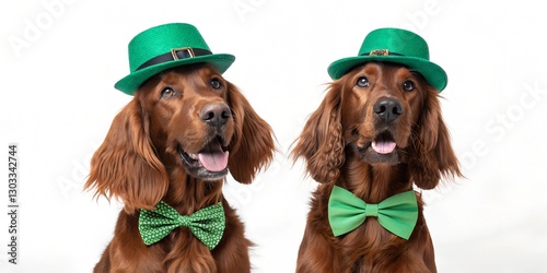Two Irish Setter dogs dressed in green top hats and bow ties for St. Patrick’s Day. Their happy expressions and playful poses capture the essence of the Irish celebration.