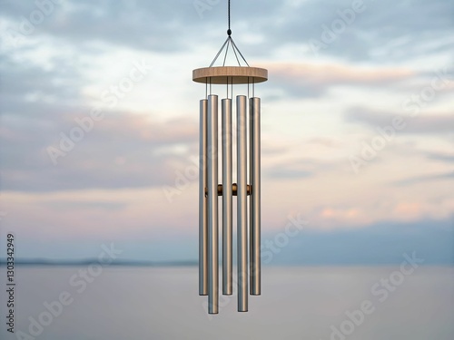 An elegant wind chime design made from recycled circuit boards, hanging against a soft pastel sky