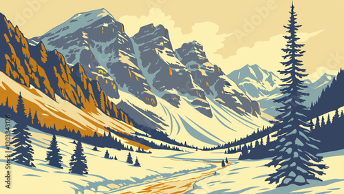 Vector illustration of a snowy mountain landscape in impressionist art style with thick brush strokes and bold colors