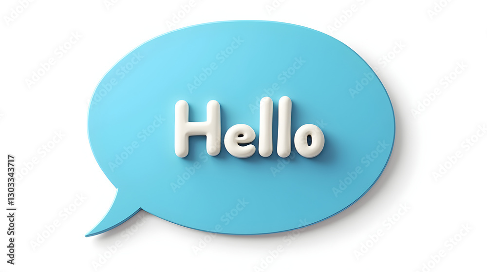 3D White Clay Hello Text Blue Speech Bubble Communication Greeting Image 3D White Clay Hello Text Blue Speech Bubble Communication Greeting Image