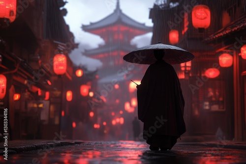 Monk with umbrella walks in a rainy Japanese town street filled with red lanterns