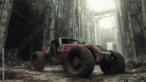 Post-apocalyptic off-road vehicle in an abandoned overgrown city with decayed buildings and eerie atmosphere photo