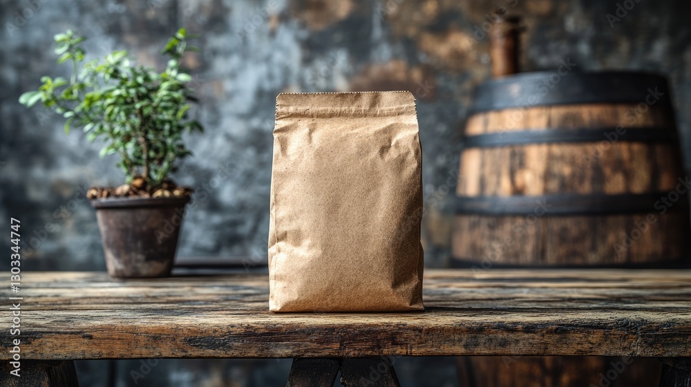 Kraft paper bag on rustic wooden table, blurred background. Perfect for coffee, tea, or other product packaging mockups; showcases rustic aesthetic. Kraft paper bag on rustic wooden table, blurred background. Perfect for coffee, tea, or other product packaging mockups; showcases rustic aesthetic.