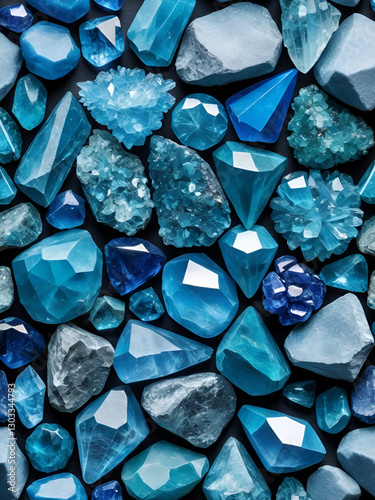 Blue Crystal Mineral Stone. Gems. Mineral crystals in the natural environment. Texture of precious and semiprecious stones. Seamless background with copy space colored shiny surface of precious stones