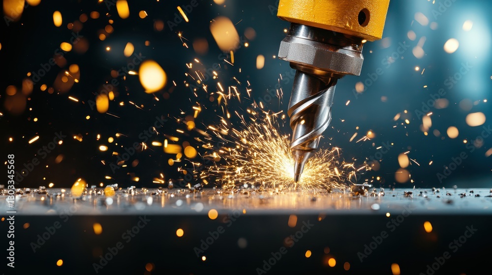 A close-up view of a cutting tool at work, showcasing flying sparks and metallic shavings, demonstrating the intricacies of metalworking and precision craftsmanship. A close-up view of a cutting tool at work, showcasing flying sparks and metallic shavings, demonstrating the intricacies of metalworking and precision craftsmanship.