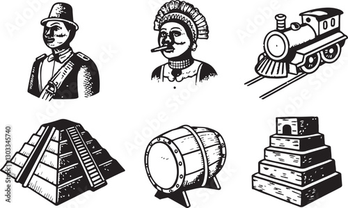 Historic American vector icon set featuring native head, soldier, pyramid, train, and barrel