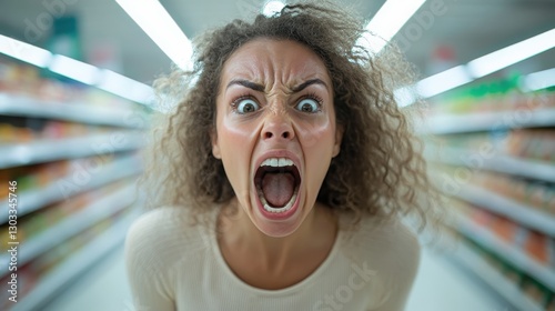 The image depicts an intense moment where a woman is expressing extreme frustration by yelling loudly in a supermarket aisle, capturing raw human emotion and surprise.