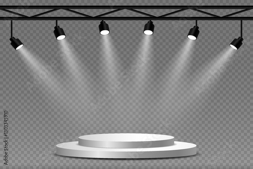 Studio and stage lighting. Glowing spotlights of light and podium.