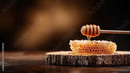 A captivating image of honey dripping from a piece of honeycomb, lying on a rustic wooden surface. The interplay of light and dark adds depth to the natural sweetness. photo