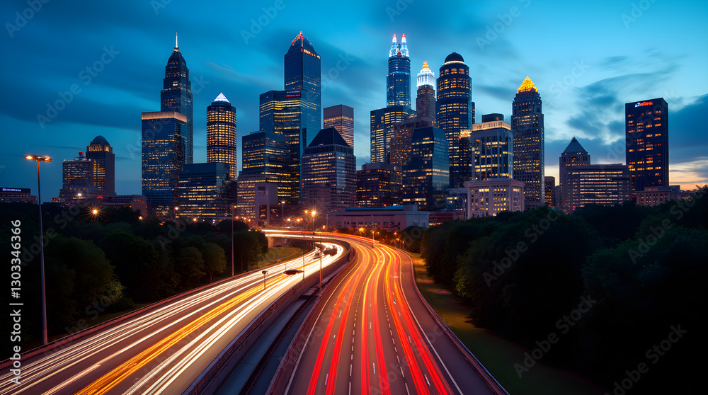 Fototapeta premium Modern Dramatic Night Cityscape Illuminated Skyscrapers Urban Photography Car Light Trails Highway Long Exposure