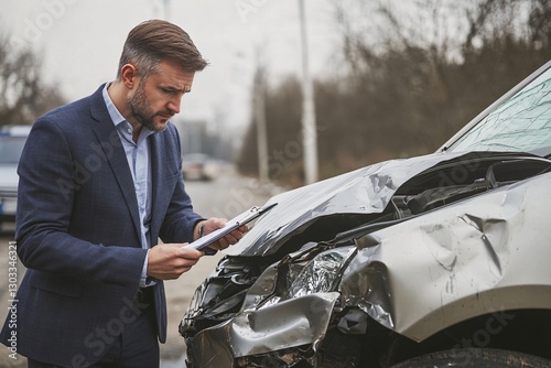 Insurance Assessor at Accident Scene: A focused insurance assessor meticulously documents the damage to a car at the scene of an accident.
