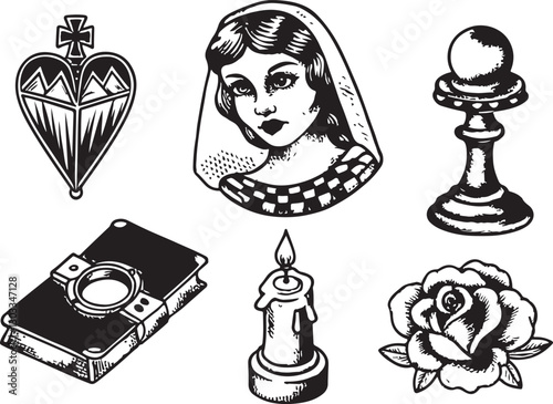 Religious and romantic icon vector set featuring candle, book, woman, rose, and sacred heart designs