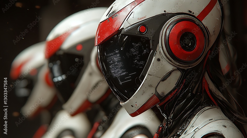 Fototapeta premium Cybernetic trio, helmets, dark interior