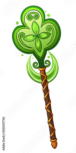 A whimsical wand topped with a glowing shamrock and Celtic engravings, isolated on a white background.
