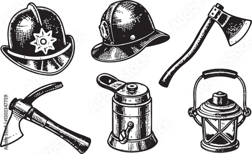 Firefighter gear vector illustration set with helmets, axes, and lantern  for emergency, rescue, and retro equipment art