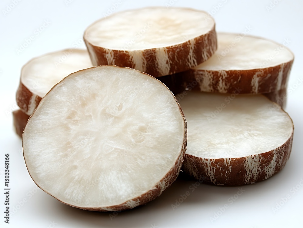 Cassava slices stacked on white surface Cassava slices stacked on white surface