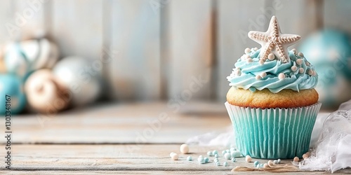 Coastal Cupcake Delight: A single, artfully decorated cupcake sits in the foreground, crowned with a starfish and pastel frosting, against a backdrop of blurred seashells.