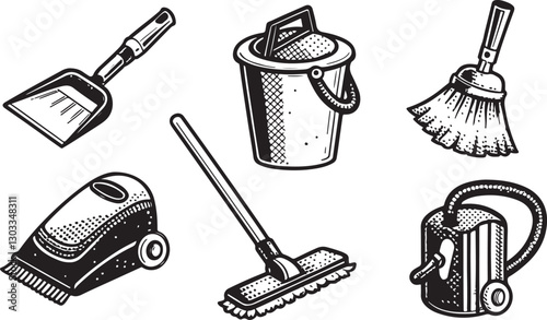 Vintage Cleaning Tools Vector Set including vacuum, mop, broom, and bucket for vintage ad art or home care design