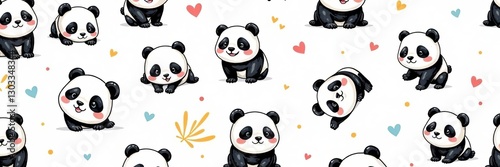 Cute and playful panda doodles in a seamless pattern on a white background, panda, playful