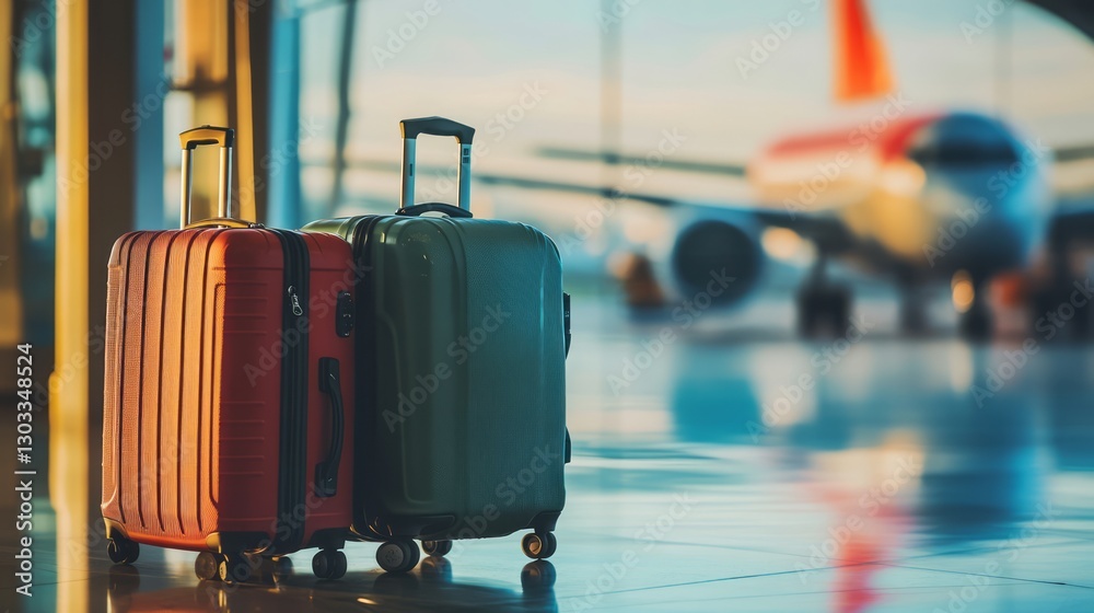 two traveler suitcases in the waiting area with airplane in the background two traveler suitcases in the waiting area with airplane in the background