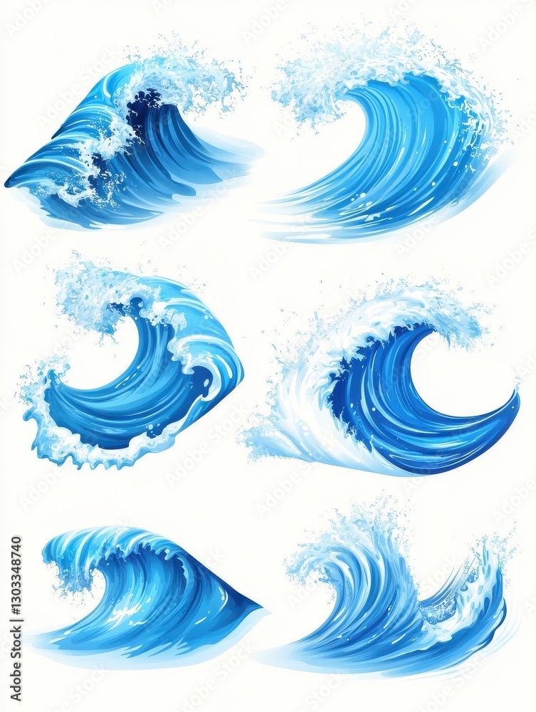 Line sea wave. Ocean water wavy elements, splashing blue storm waves isolated vector set Line sea wave. Ocean water wavy elements, splashing blue storm waves isolated vector set