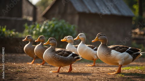 A gaggle of ducks waddles along a dirt path near a rural barn on a sunny day.