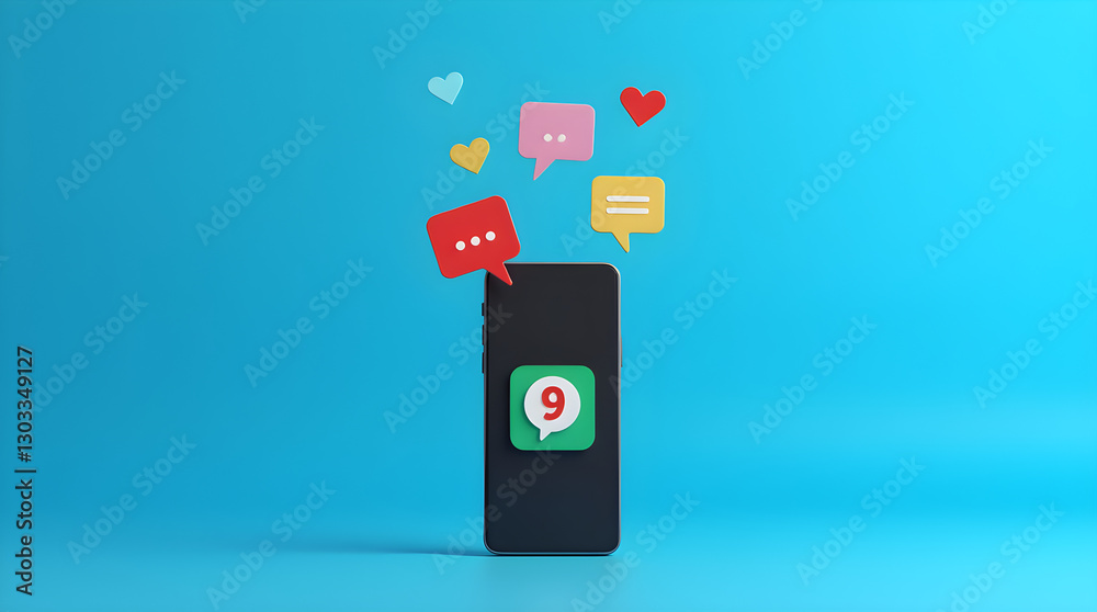 Smartphone Green App Icon Number 9 Messaging Chat Notifications Bubbles Hearts Social Media 3D Render Minimalist Blue Background Stock Photo