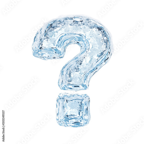 Glistening ice question mark with frosty details shimmering under light on a white backdrop