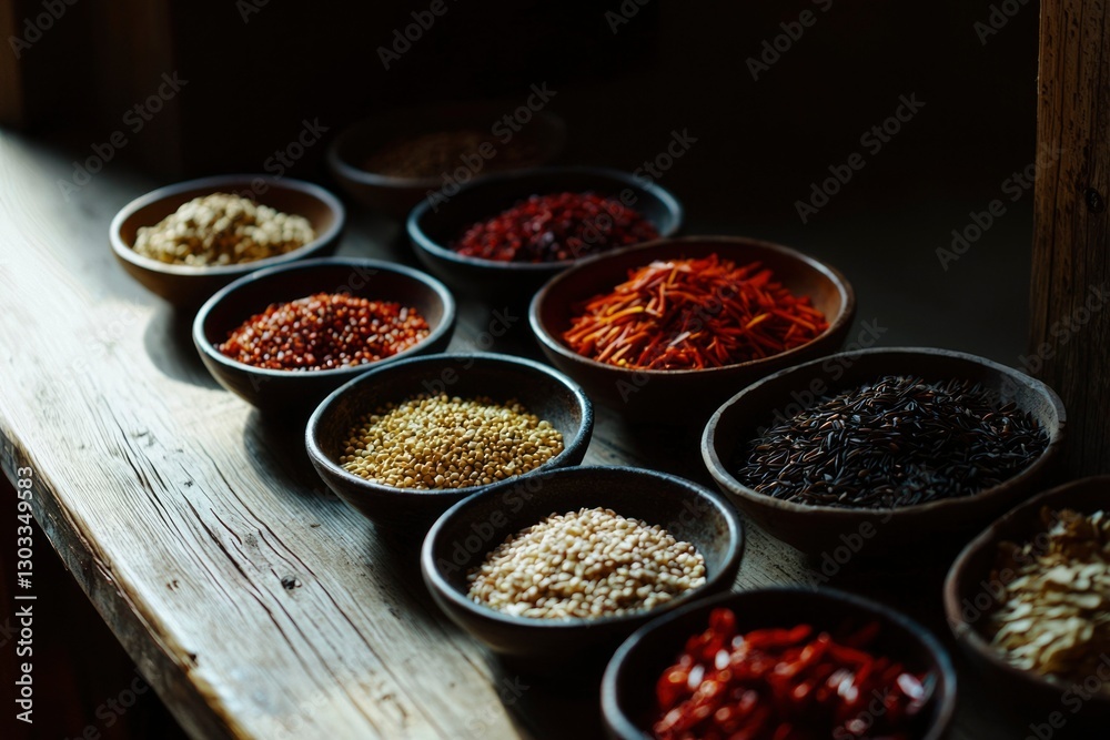 Spices and herbs in bowls on a wooden table, for cooking or food photography Spices and herbs in bowls on a wooden table, for cooking or food photography