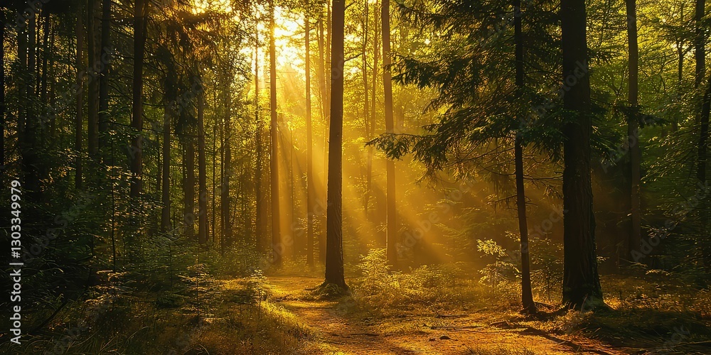 Fototapeta premium Heavenly golden light bathing a pristine, undisturbed forest landscape
