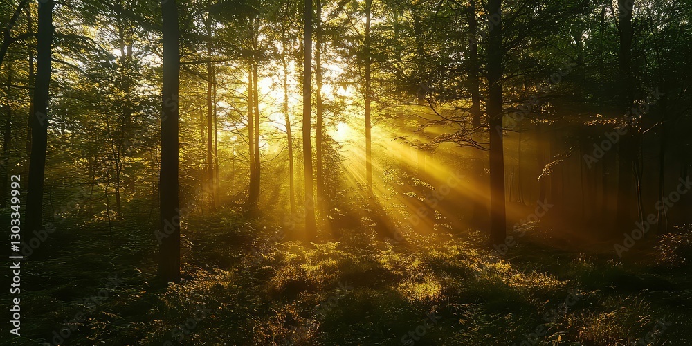 Naklejka premium Heavenly golden light bathing a pristine, undisturbed forest landscape
