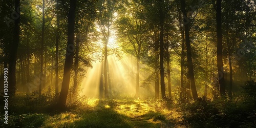 Heavenly golden light bathing a pristine, undisturbed forest landscape