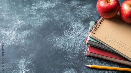 Classroom desk essentials school supplies and fresh apples in an educational setting