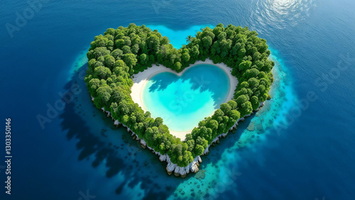 Heart-shaped love island in the ocean with a romantic mood, ideal for vacations, weddings, or special getaways.