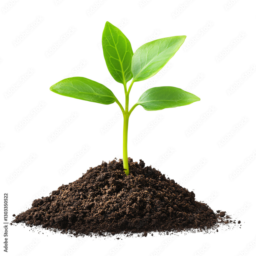 Green plant sprout growing from soil isolated on transparent background.