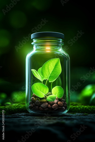 Small plant growing in a glass jar with warm light. Eco terrarium with glowing green sprout