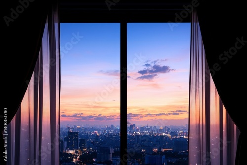 Window view of city lights at dusk with soft curtains, for inspirational blog