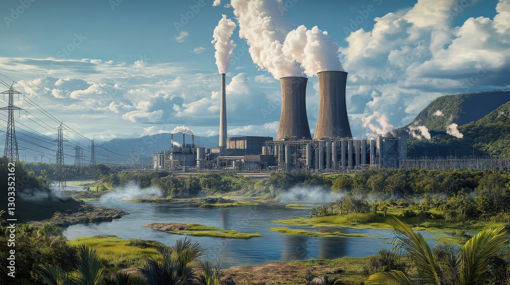 Power Plant in Landscape: A vast industrial complex with tall cooling towers and power lines, nestled amongst a lush landscape, evokes both the power of nature and the human drive to harness it. Power Plant in Landscape: A vast industrial complex with tall cooling towers and power lines, nestled amongst a lush landscape, evokes both the power of nature and the human drive to harness it.