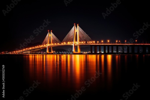Modern bridge illuminated at night, reflecting in water, connecting urban areas