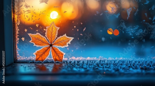 Frozen Window, Autumn Leaf, Sunrise photo