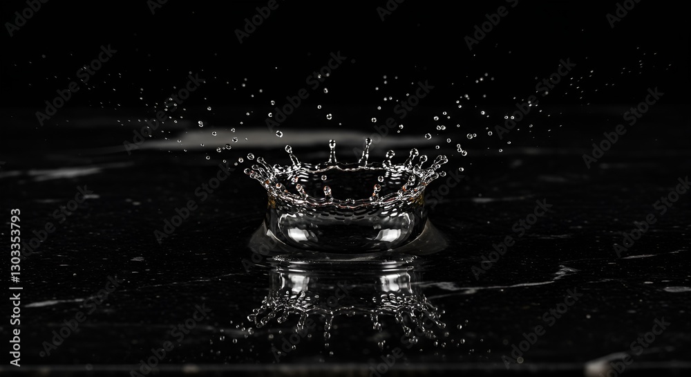 A mesmerizing, ultra-realistic close-up of a crystal-clear water droplet splashing onto a smooth black marble surface A mesmerizing, ultra-realistic close-up of a crystal-clear water droplet splashing onto a smooth black marble surface
