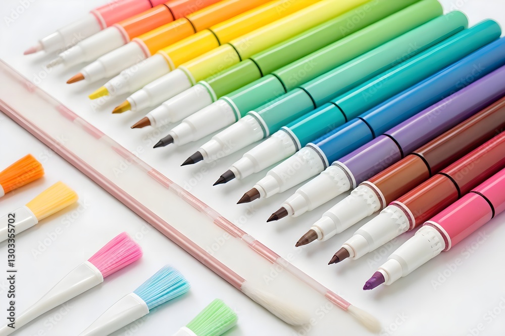 Rows of vibrant markers and brushes for drawing on a white background Rows of vibrant markers and brushes for drawing on a white background