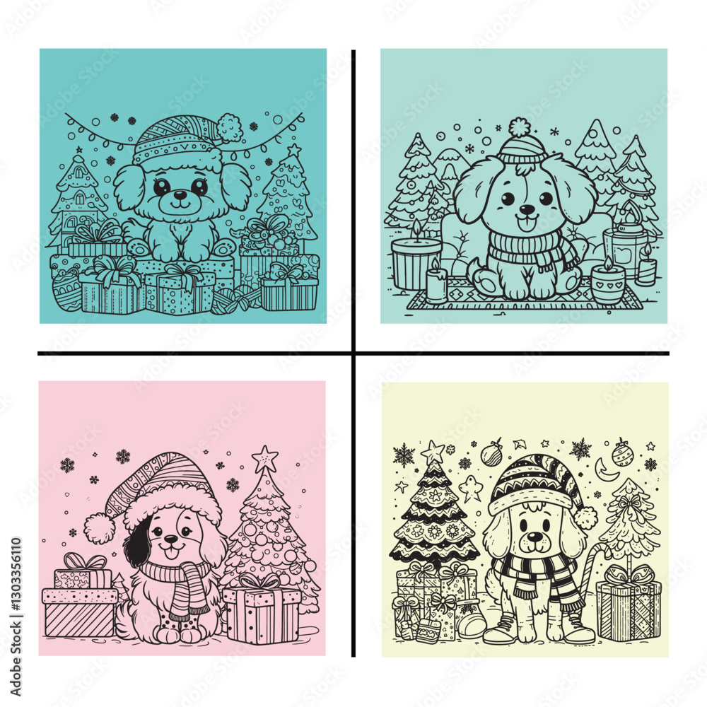 Obraz premium Bundle Kids coloring page featuring a holiday themed dog in a cartoon style, with thick lines, minimal detail, and no shading.