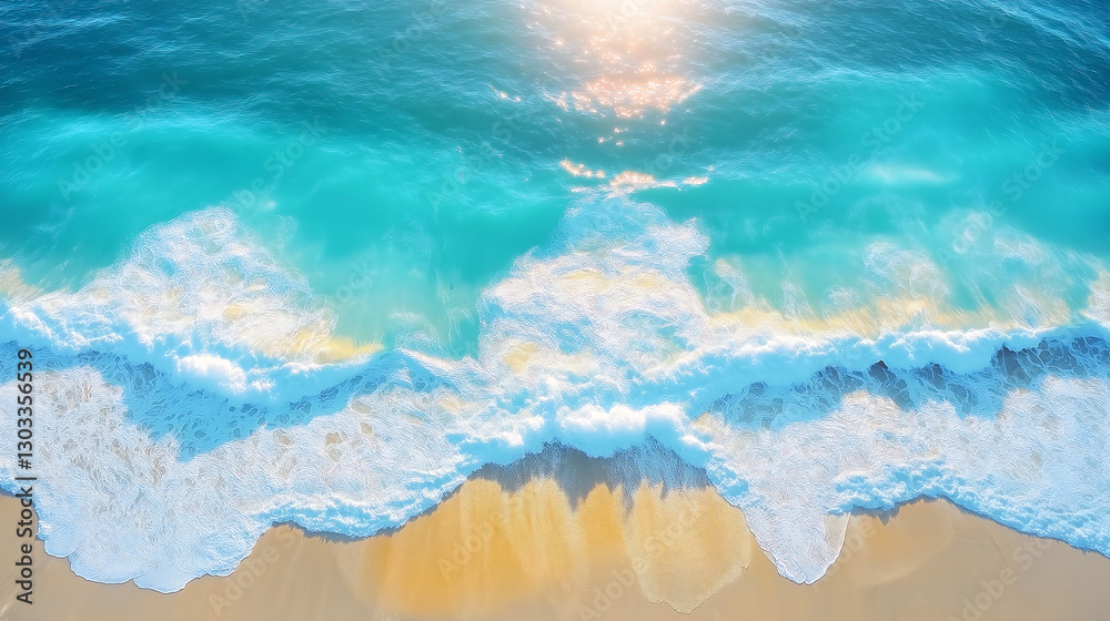 Aerial View of Turquoise Ocean Waves on Sandy Beach, Summer Background, soft sunlight emerging from top. Aerial View of Turquoise Ocean Waves on Sandy Beach, Summer Background, soft sunlight emerging from top.