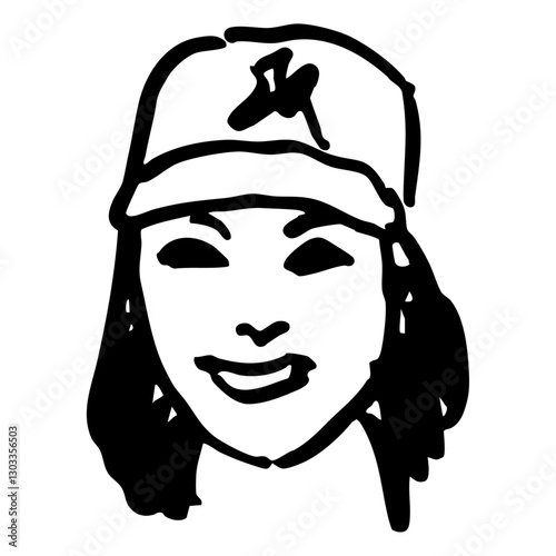 Head of a smiling happy girl wearing baseball cap. Hand drawn linear doodle rough sketch. Black and white silhouette.