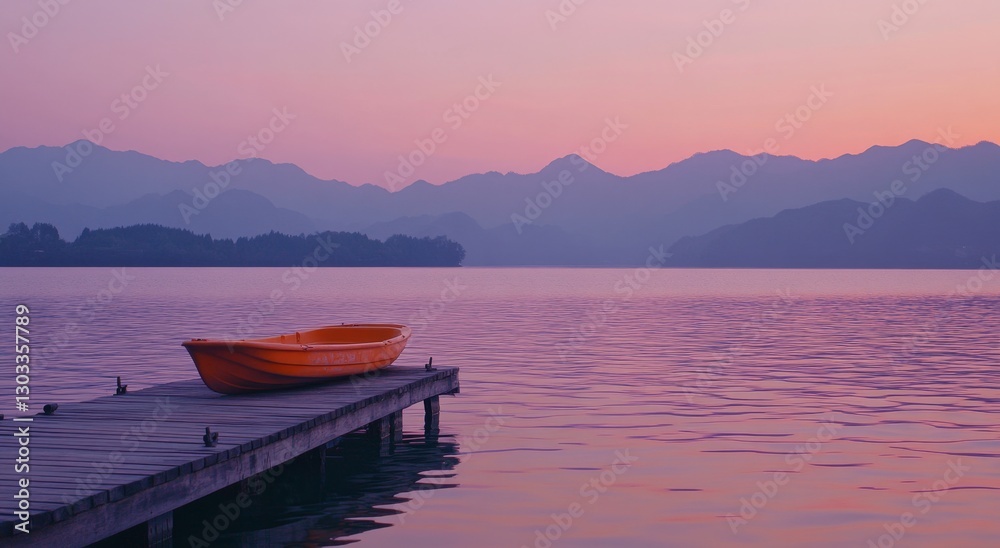 Naklejka premium Peaceful orange boat on dock at lake sunrise