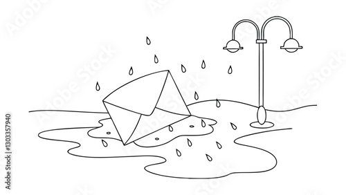 A handdrawn illustration depicts a soaked envelope lying in a puddle on a rainy day, near a streetlight. Rain drops fall around the scene, creating a melancholic mood.