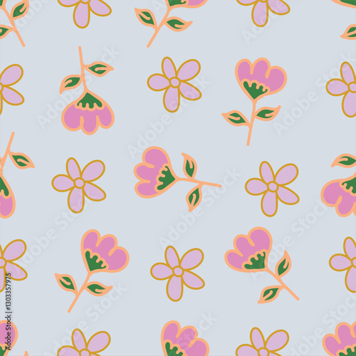 Elegance pink floral stems seamless pattern on a grey background. Vector hand drawn. Artistic, abstract flowers and tiny leaves, buds bells printing. Template for designs, fabric, fashion, textile
