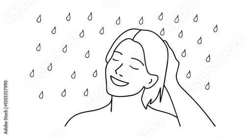 Line art illustration of a smiling woman showering, water droplets falling around her, suggesting cleanliness and relaxation. She gently touches her hair.