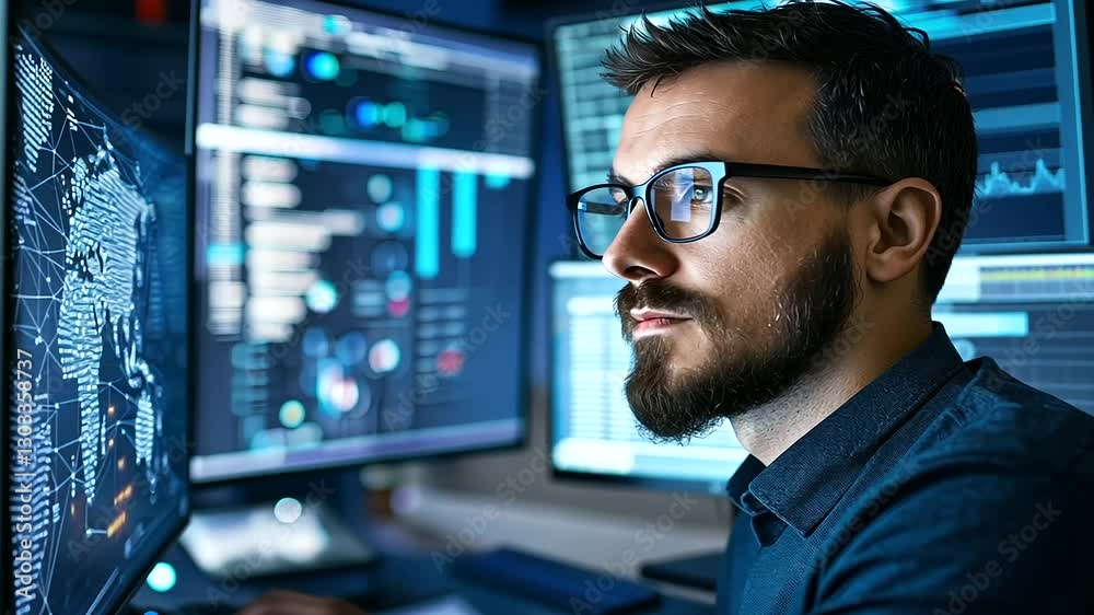 Team of IT support specialists working together in a high-tech cybersecurity control room. Team of IT support specialists working together in a high-tech cybersecurity control room.